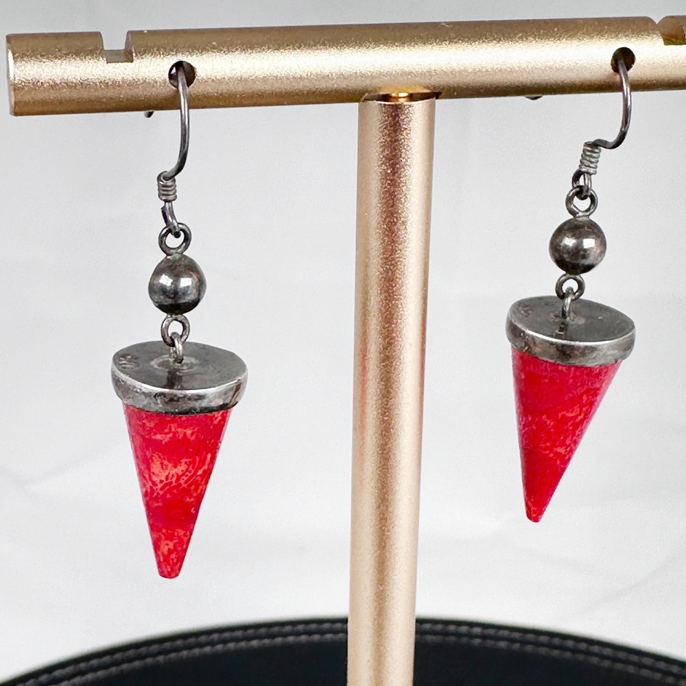 Vintage 925 Sterling Silver Red Coral Cone Drop Earrings Red Sponge Coral 7/8‎